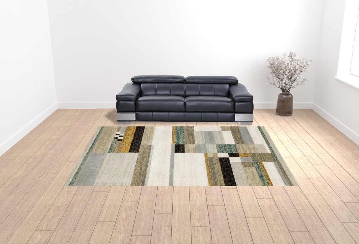 10' X 13' Beige Gold Black Grey Tan Teal and Rust Geometric Power Loom Area Rug