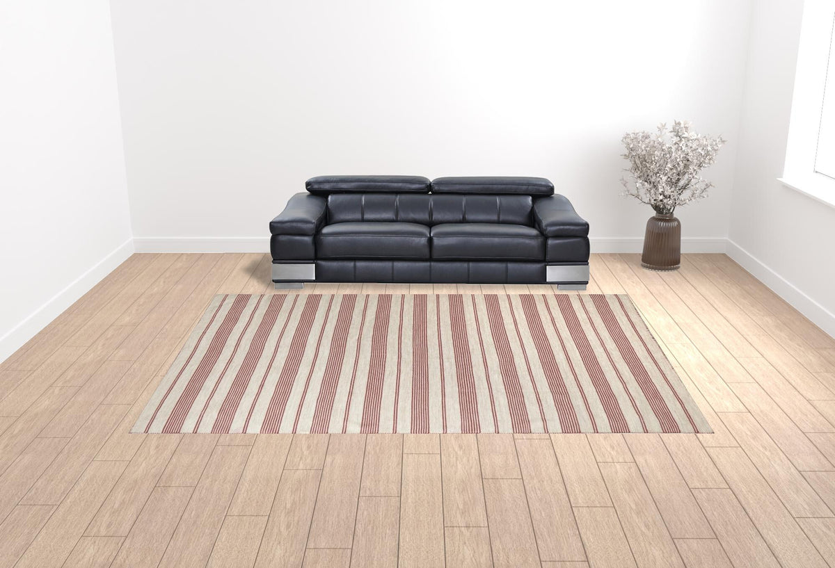 10' X 14' Red And Ivory Striped Dhurrie Hand Woven Stain Resistant Area Rug