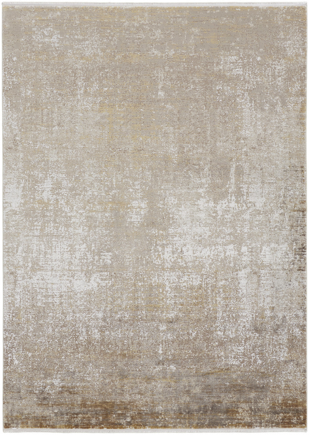 8' X 11' Taupe Ivory And Gold Abstract Area Rug With Fringe