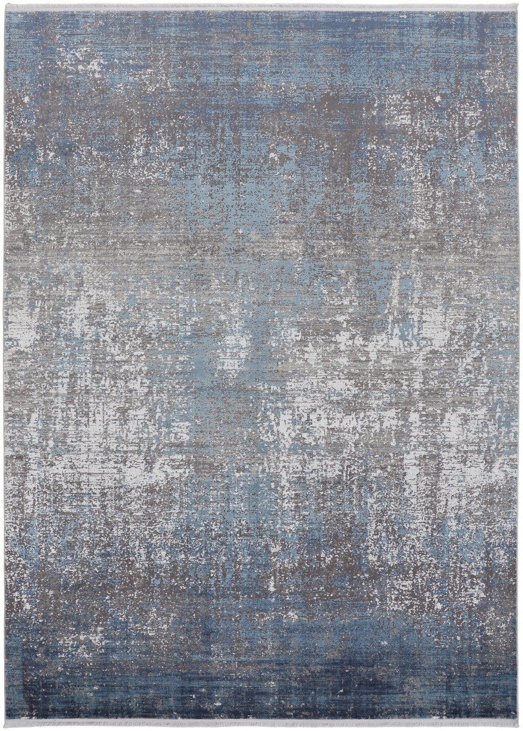 7' X 10' Blue and Gray Abstract Power Loom Distressed Area Rug With Fringe
