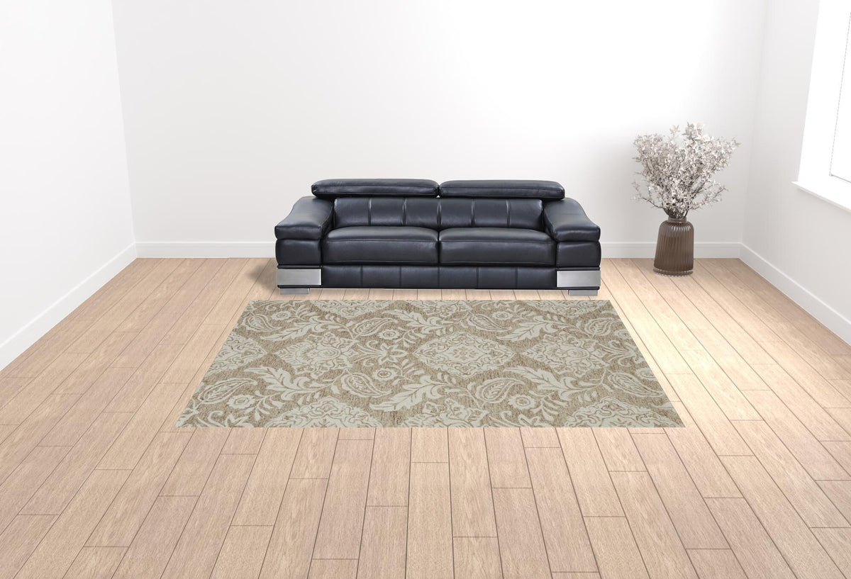 9' X 12' Tan And Ivory Wool Paisley Tufted Handmade Stain Resistant Area Rug