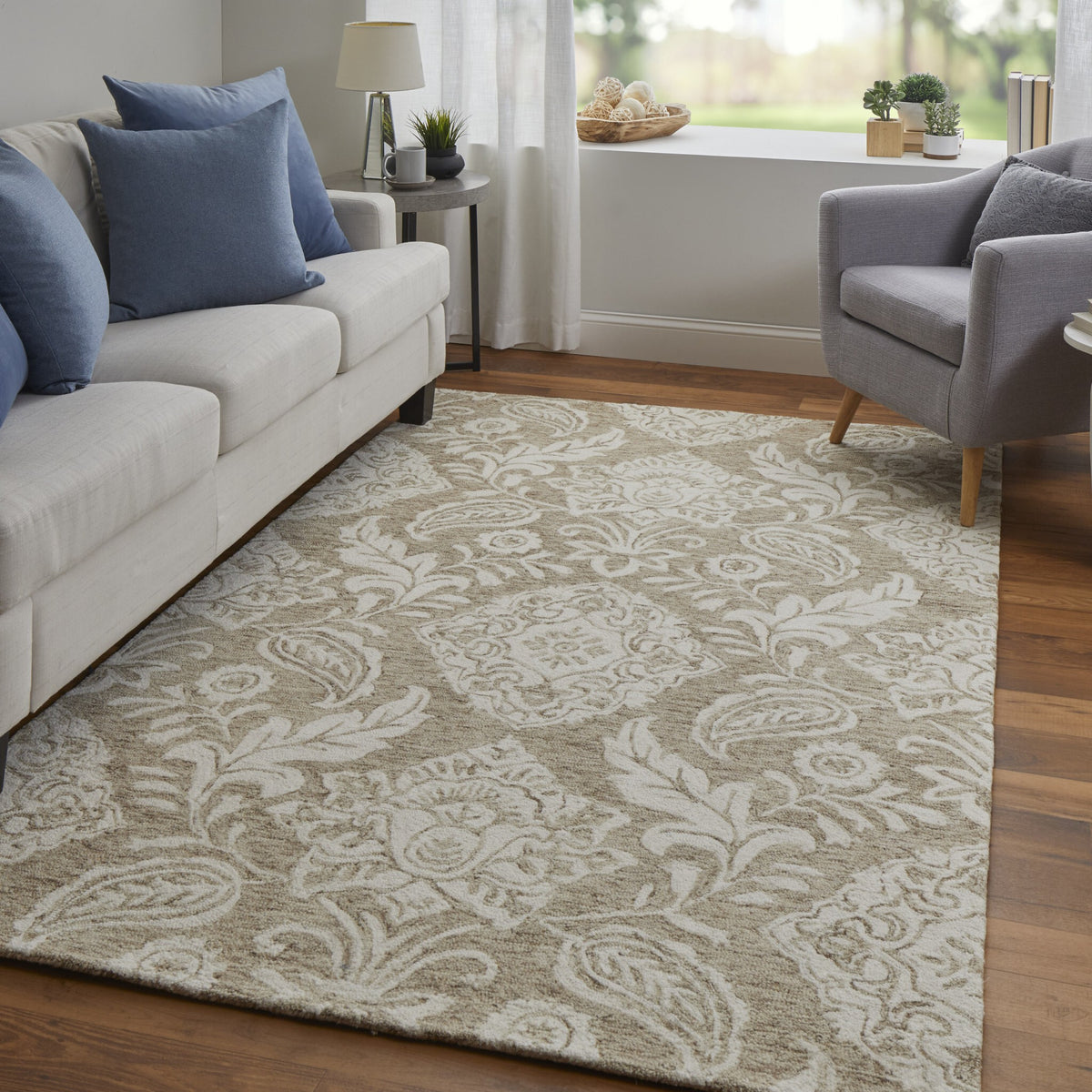 9' X 12' Tan And Ivory Wool Paisley Tufted Handmade Stain Resistant Area Rug