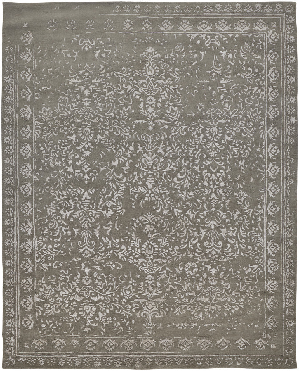 8' X 10' Gray Taupe And Silver Wool Floral Tufted Handmade Distressed Area Rug