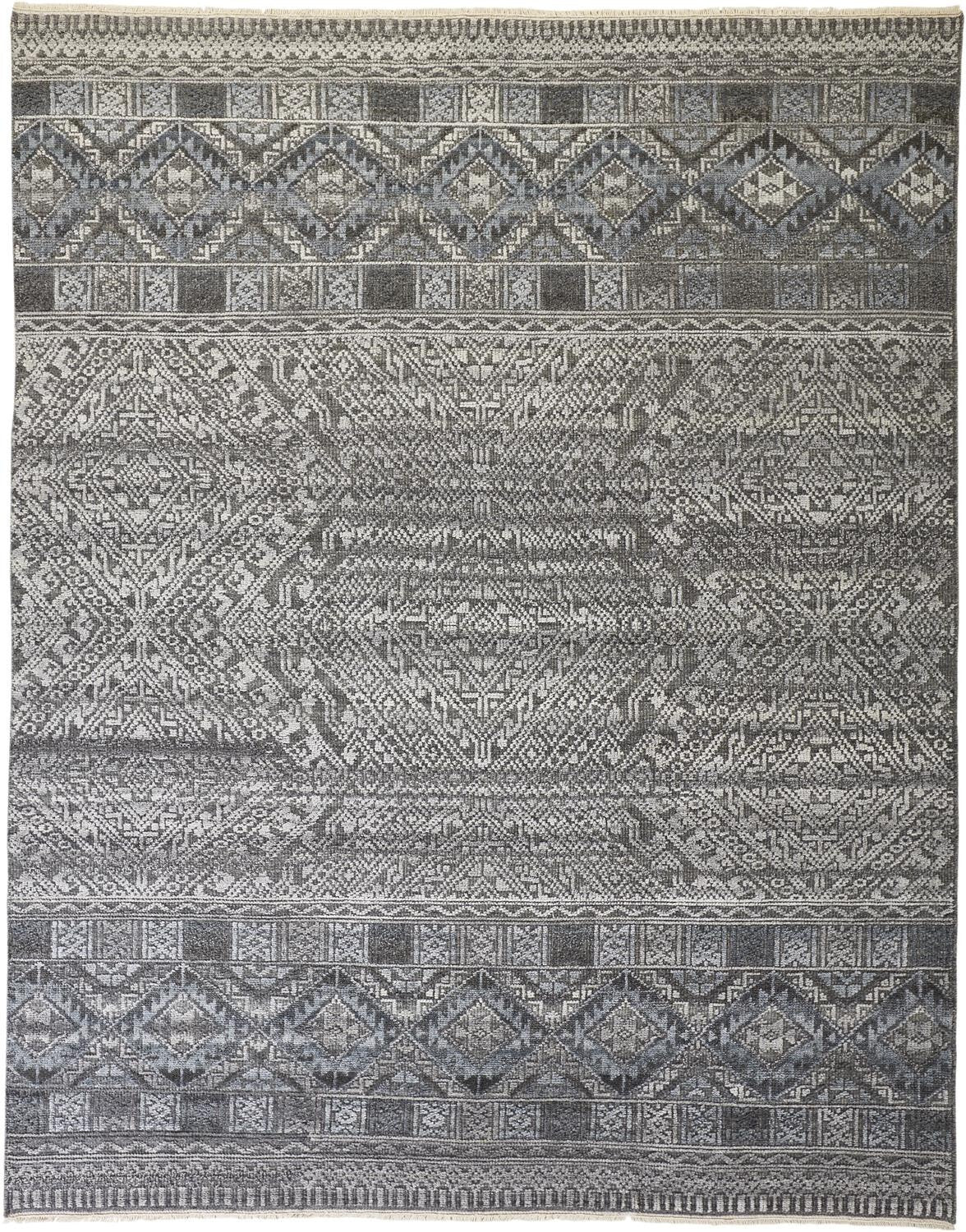 10' X 13' Gray and Ivory Geometric Hand Knotted Area Rug