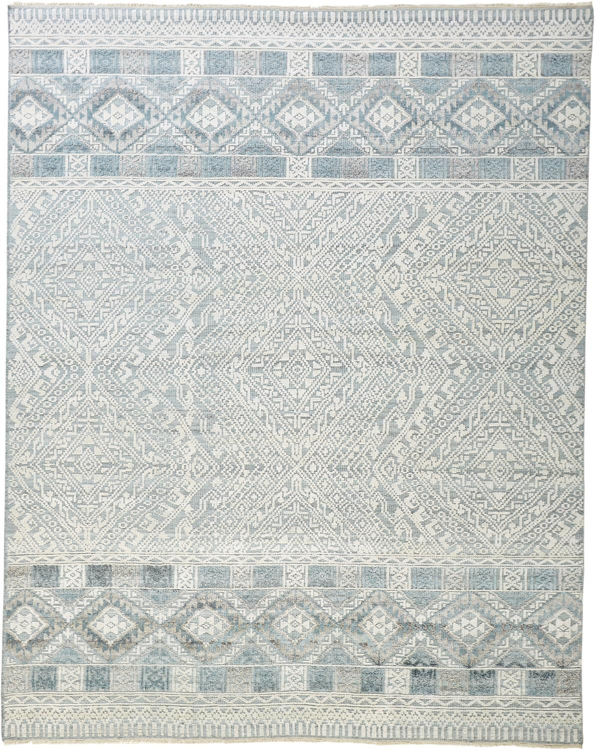 10' X 13' Ivory and Blue Geometric Hand Knotted Area Rug