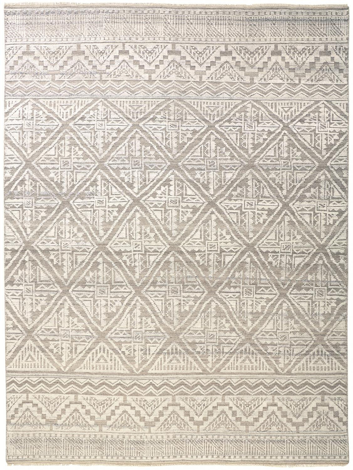 10' X 13' Ivory Tan And Gray Geometric Hand Knotted Area Rug