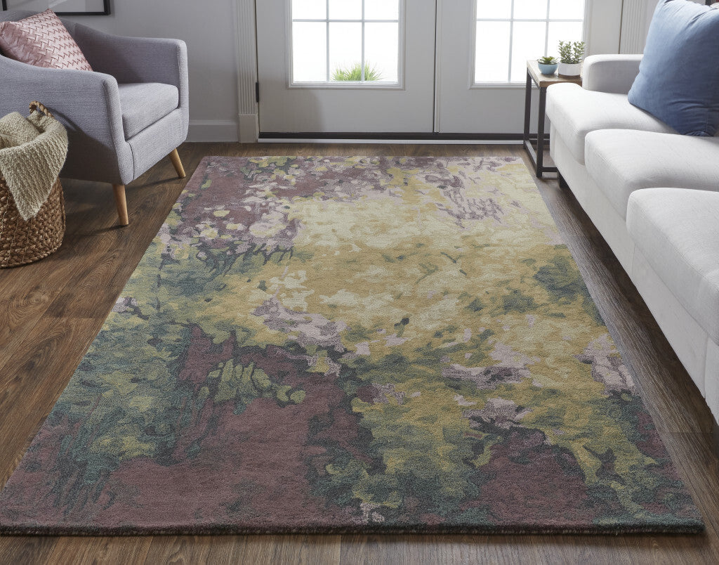 5' X 8' Gold Purple And Green Wool Abstract Tufted Handmade Stain Resistant Area Rug