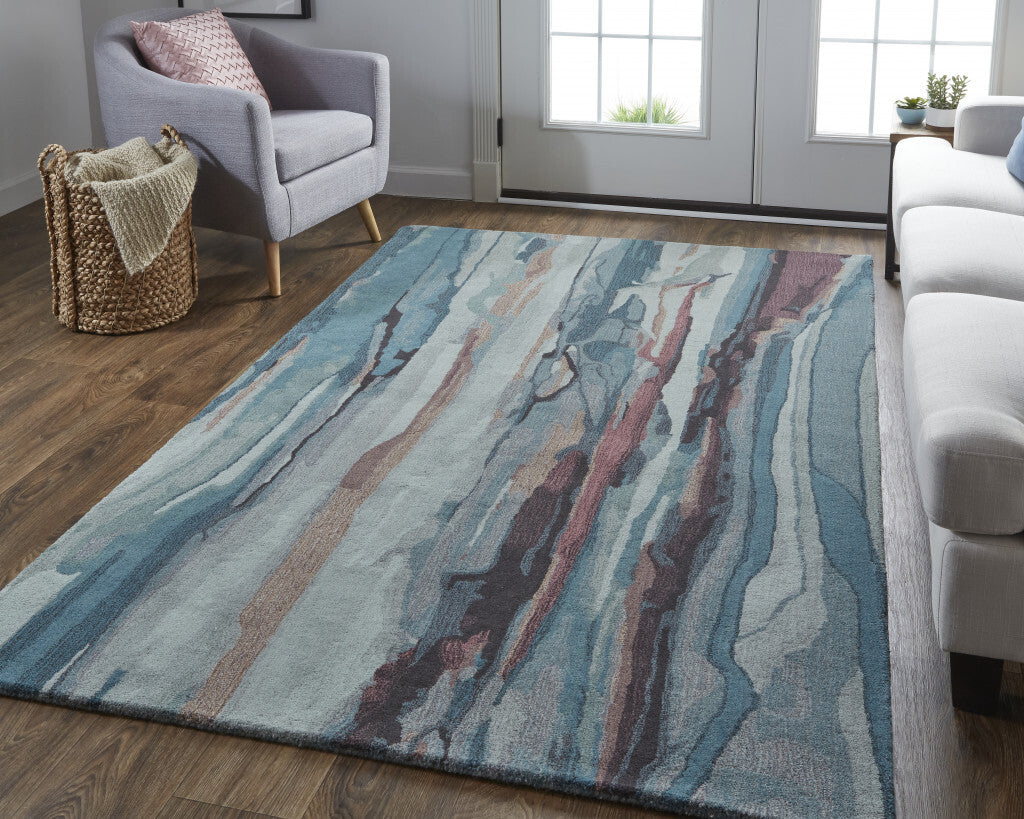 5' X 8' Blue and Orange Wool Abstract Hand Tufted Area Rug