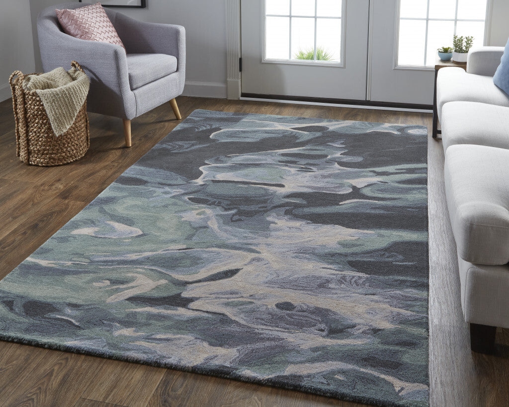 5' X 8' Blue and Black Wool Abstract Hand Tufted Area Rug