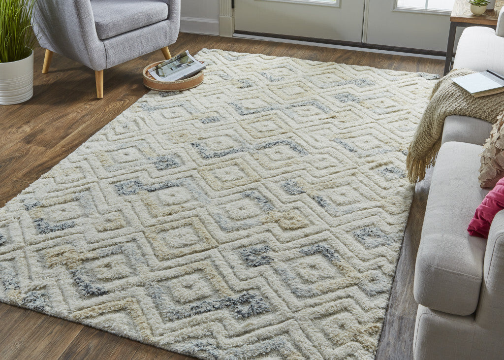 9' X 12' Gray And Ivory Wool Geometric Tufted Handmade Area Rug