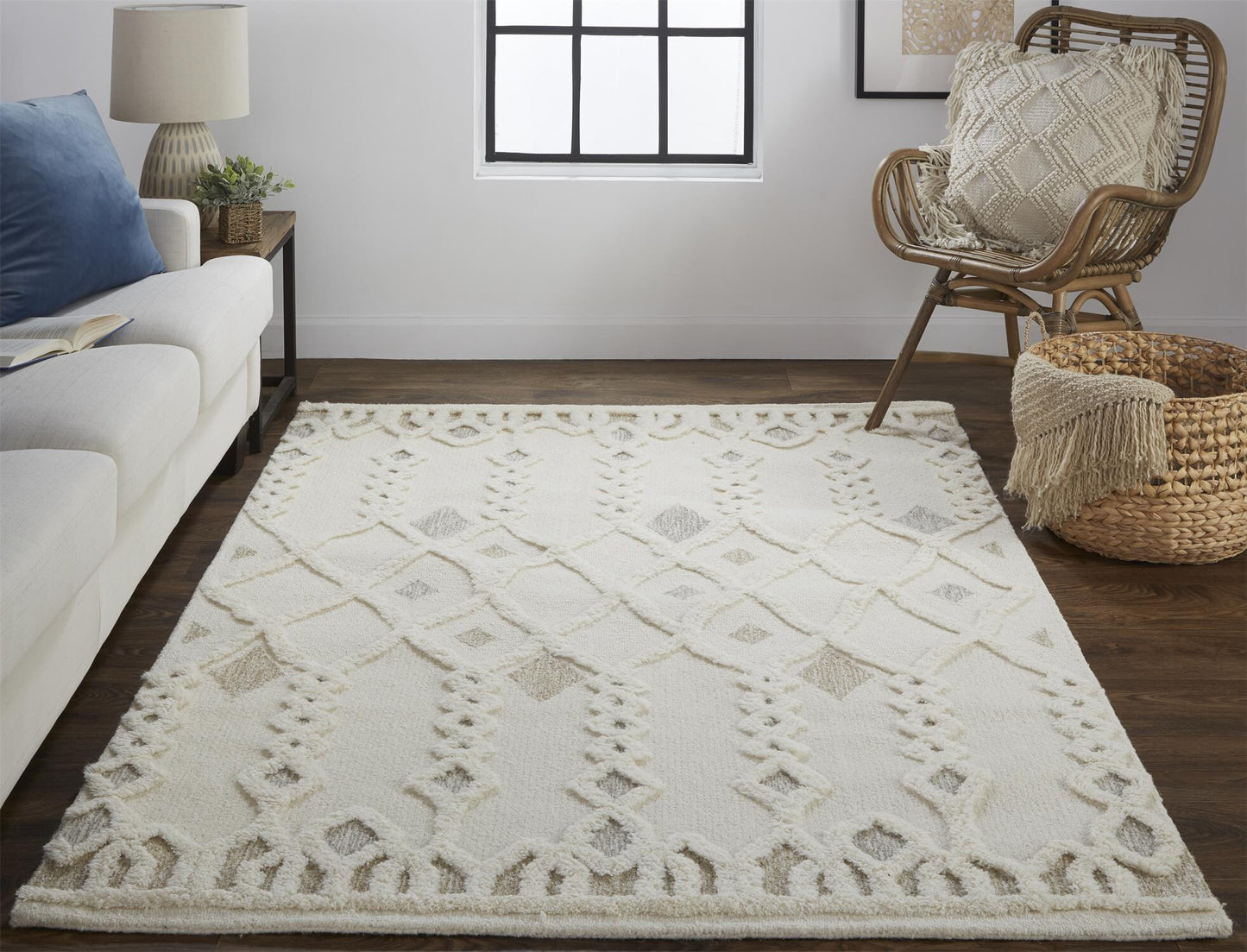 9' X 12' Ivory Tan And Silver Wool Geometric Tufted Handmade Stain Resistant Area Rug