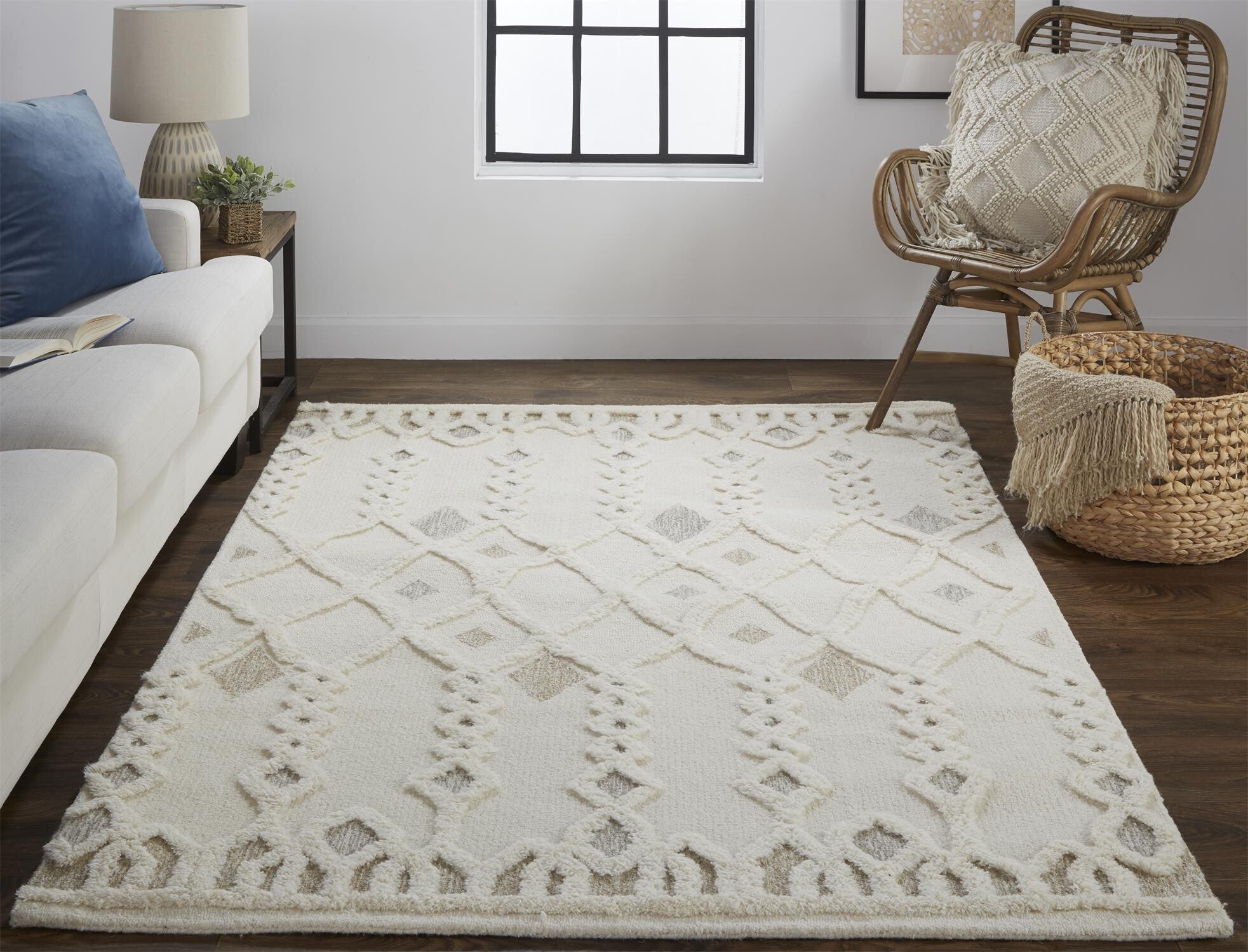 9' X 12' Ivory Tan And Silver Wool Geometric Tufted Handmade Stain Resistant Area Rug