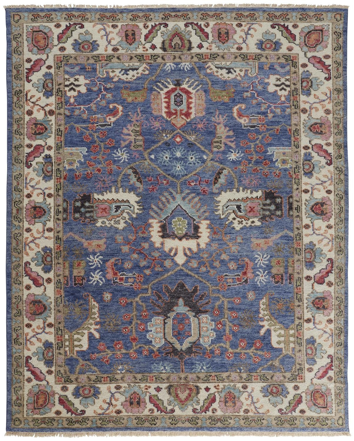9' X 12' Blue And Red Wool Floral Hand Knotted Stain Resistant Area Rug