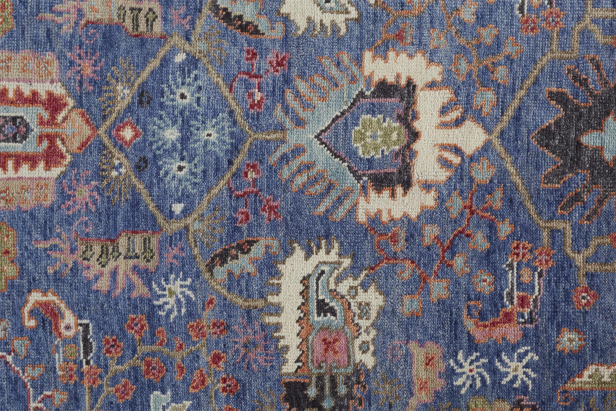 10' X 13' Blue And Red Wool Floral Hand Knotted Stain Resistant Area Rug