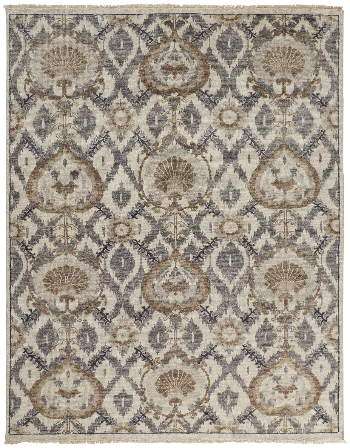 5' X 8' Ivory Gray And Taupe Wool Floral Hand Knotted Stain Resistant Area Rug