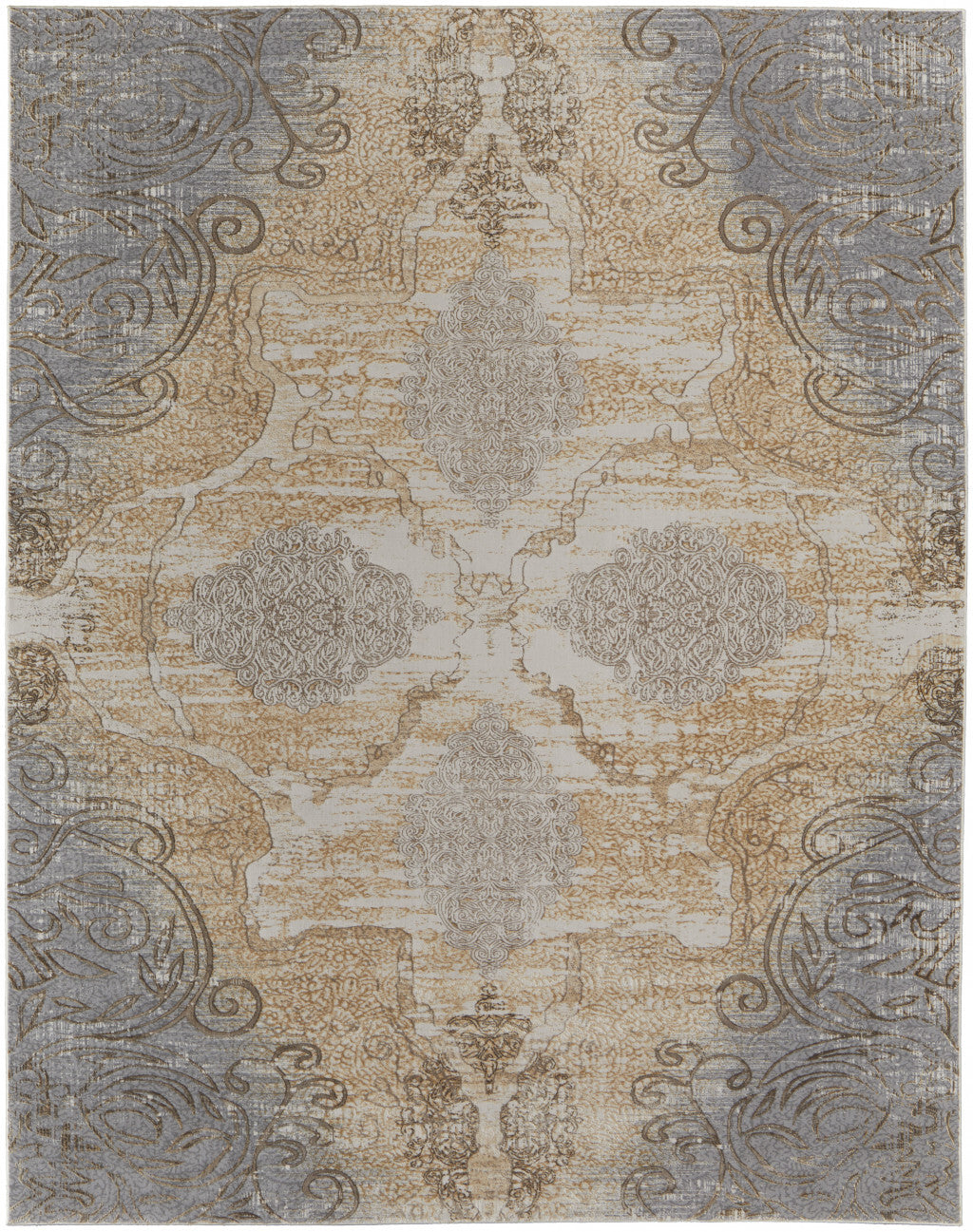 10' X 14' Silver Tan And Gray Floral Power Loom Area Rug