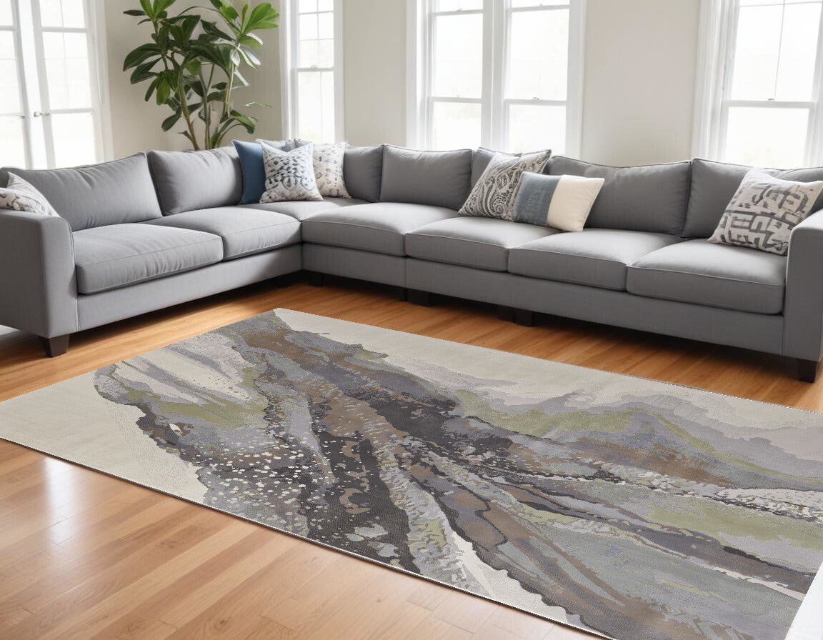 12' X 15' Green and Brown Abstract Power Loom Area Rug