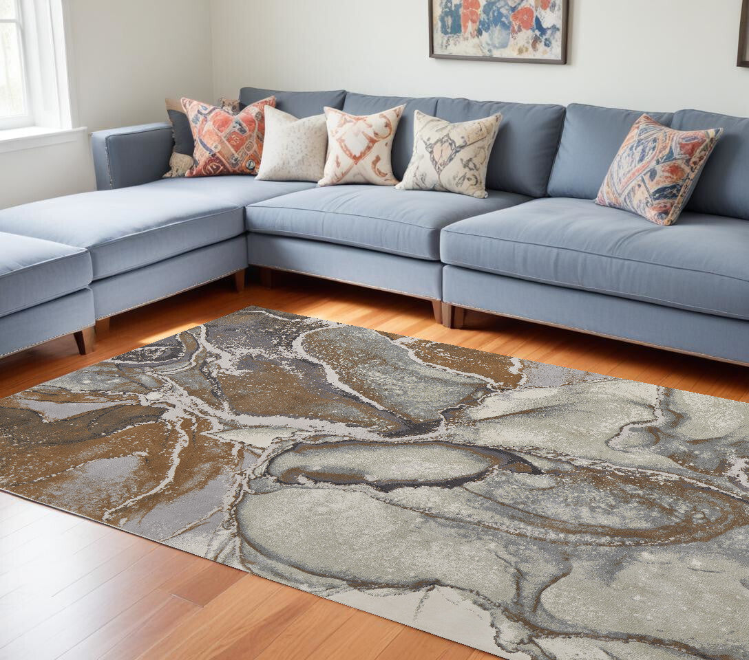12' X 15' Gray and Brown Marble Power Loom Area Rug