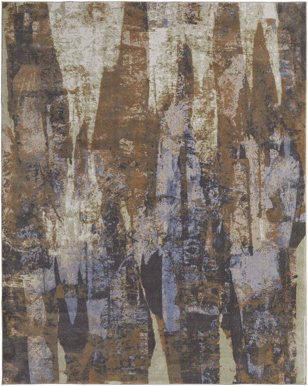 10' X 13' Brown Blue And Ivory Abstract Power Loom Distressed Area Rug