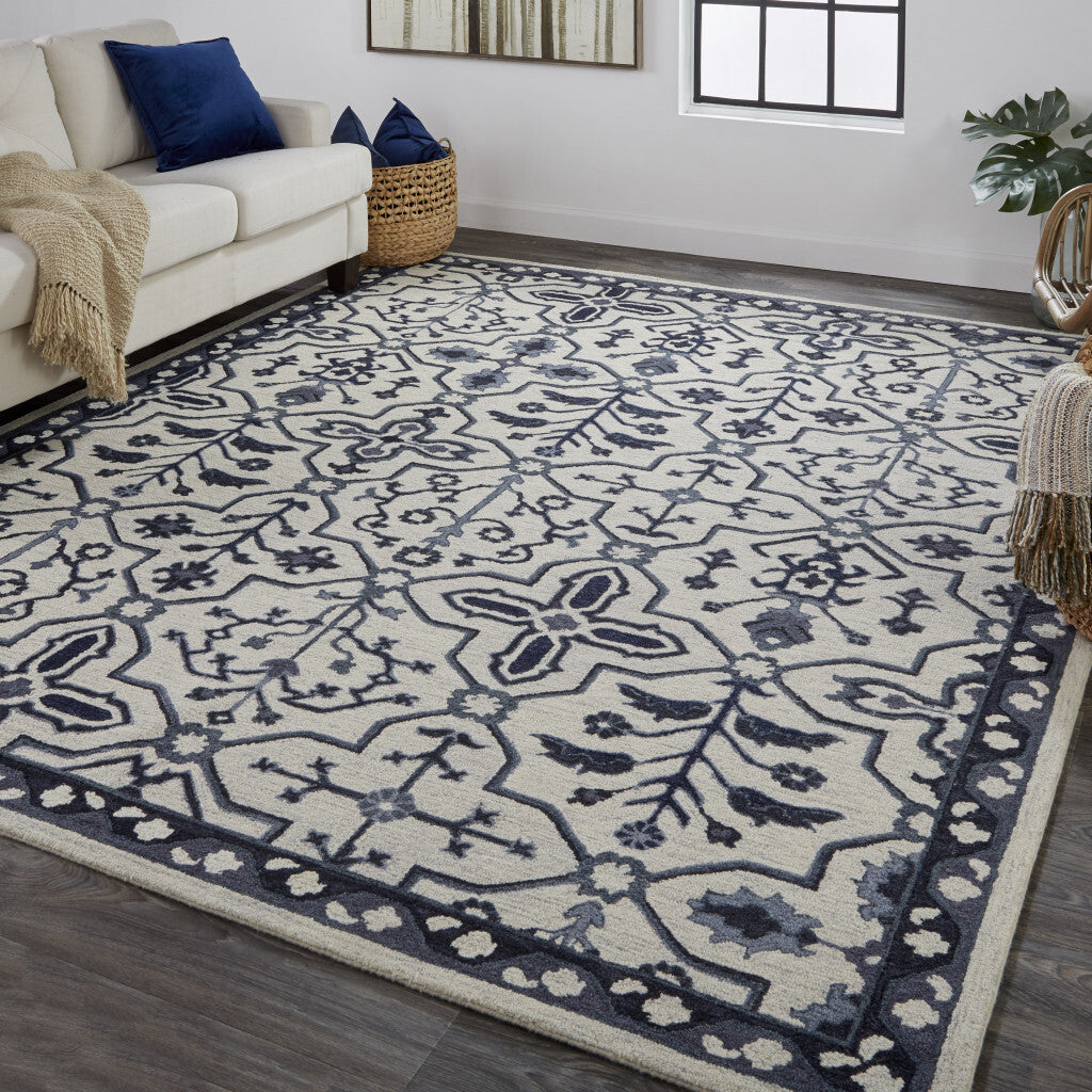 9' X 12' Taupe And Gray Wool Floral Tufted Handmade Stain Resistant Area Rug