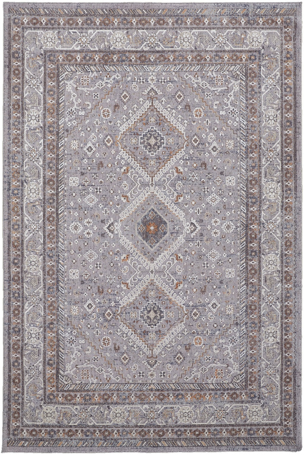 9' X 12' Gray Orange And Ivory Floral Power Loom Stain Resistant Area Rug