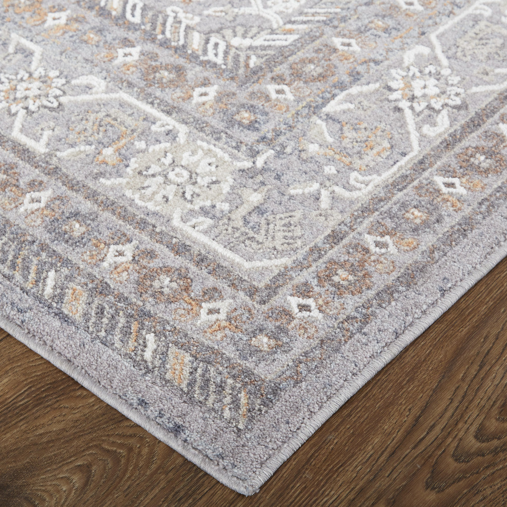 9' X 12' Gray Orange And Ivory Floral Power Loom Stain Resistant Area Rug
