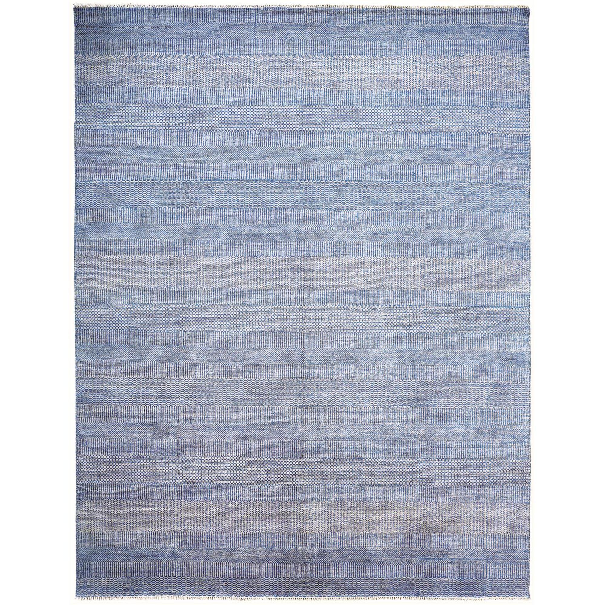 9' X 12' Blue and Silver Wool Striped Hand KNotted Area Rug