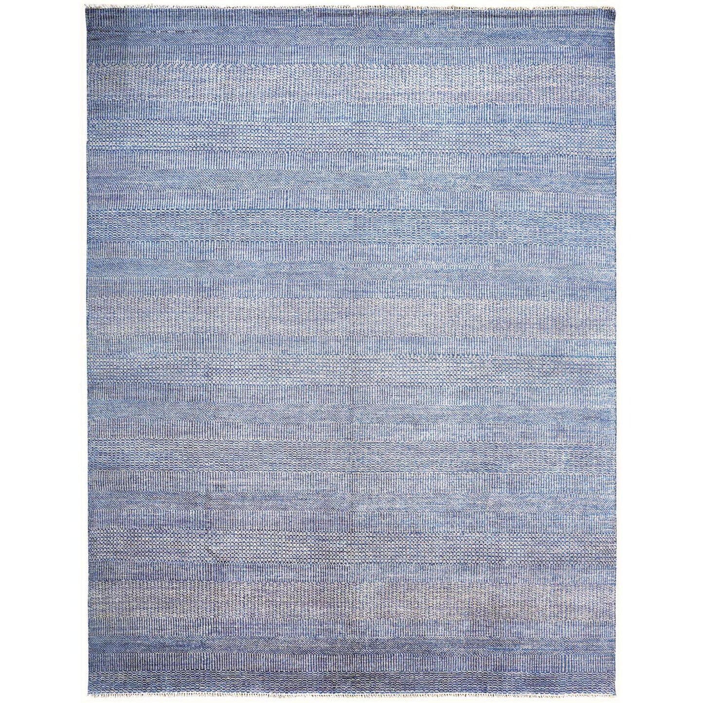 12' X 15' Blue and Ivory Wool Striped Shag Hand Knotted Area Rug
