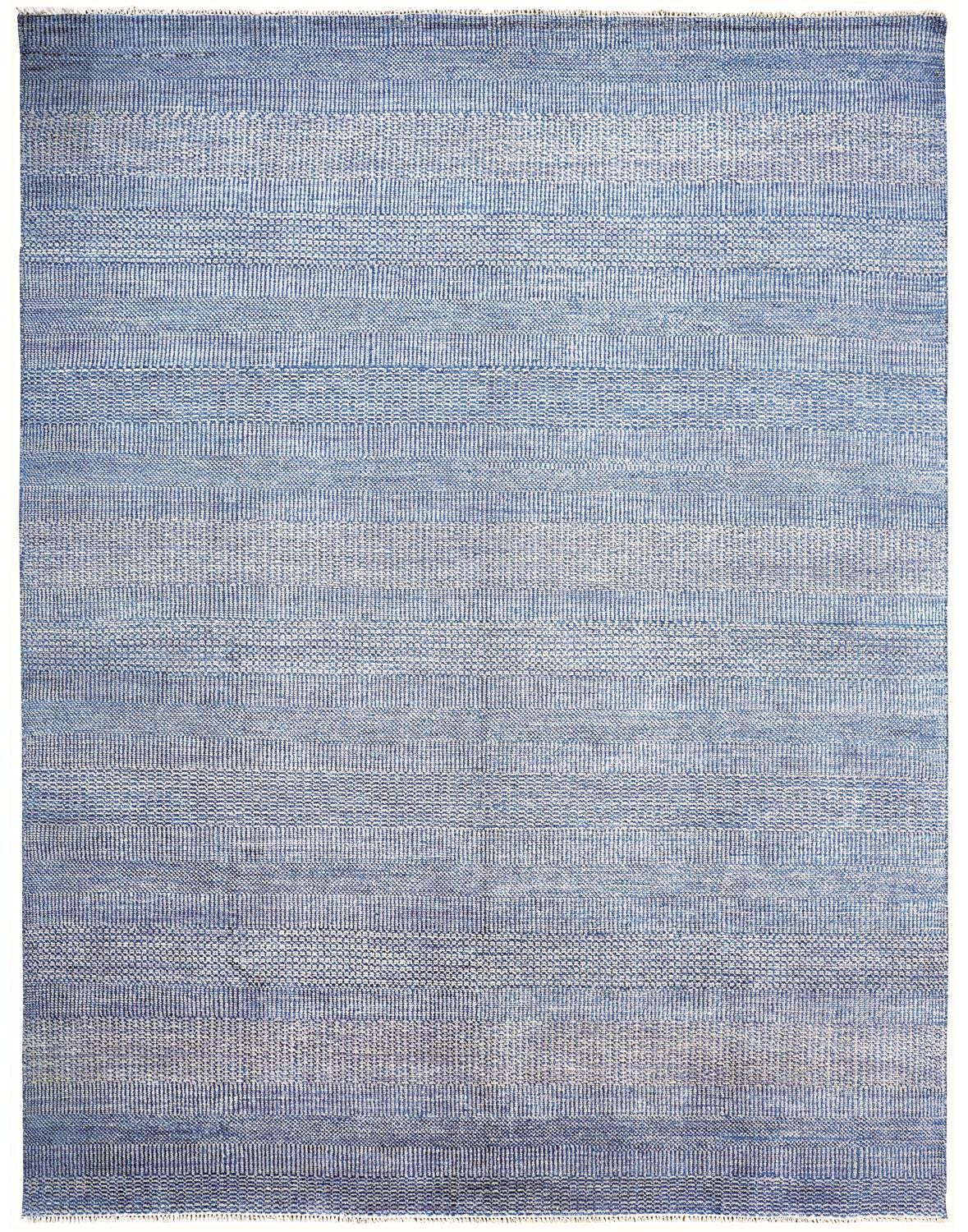 10' X 13' Blue And Silver Wool Striped Hand Knotted Area Rug