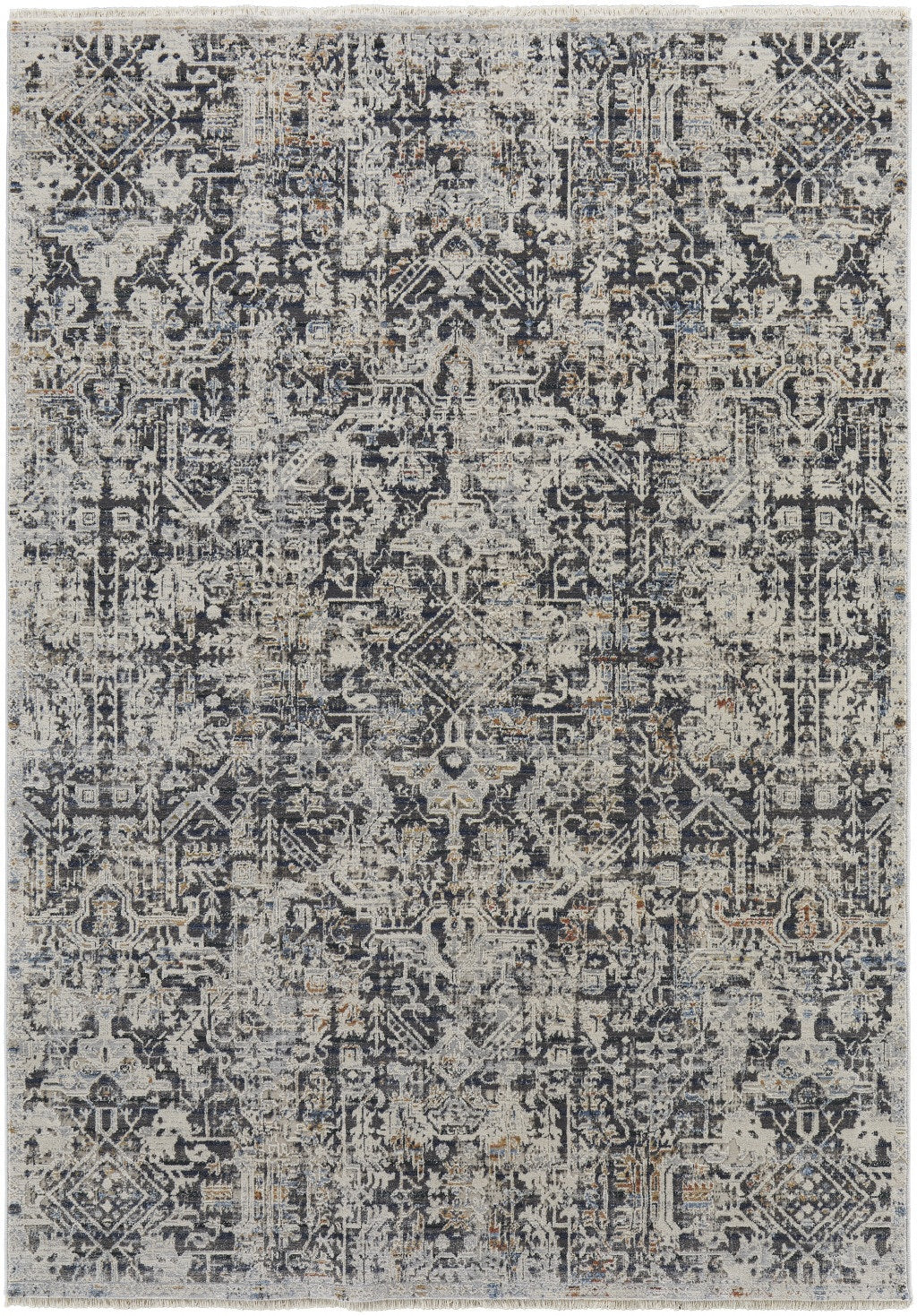 10' X 13' Ivory Gray And Taupe Abstract Power Loom Distressed Area Rug With Fringe