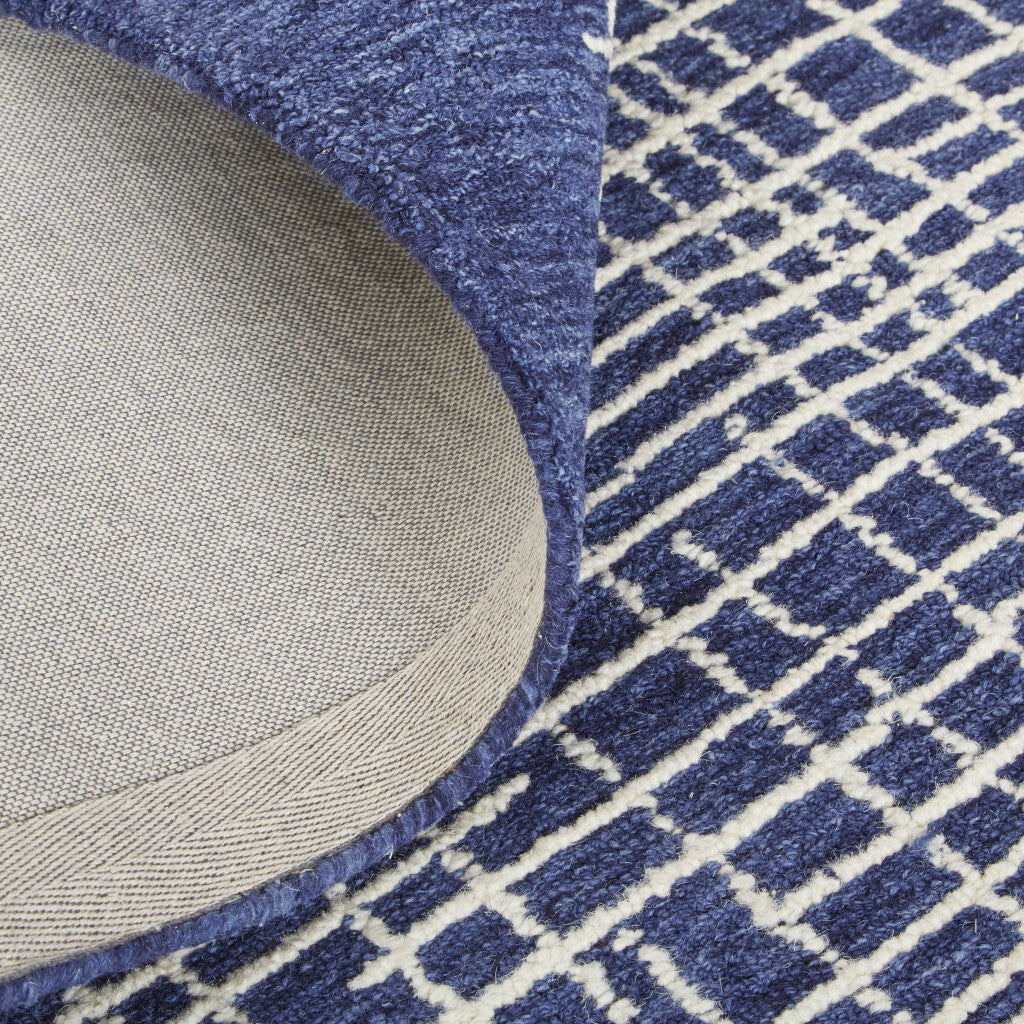 9' X 12' Blue And Ivory Wool Plaid Tufted Handmade Stain Resistant Area Rug