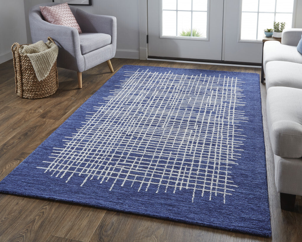 9' X 12' Blue And Ivory Wool Plaid Tufted Handmade Stain Resistant Area Rug