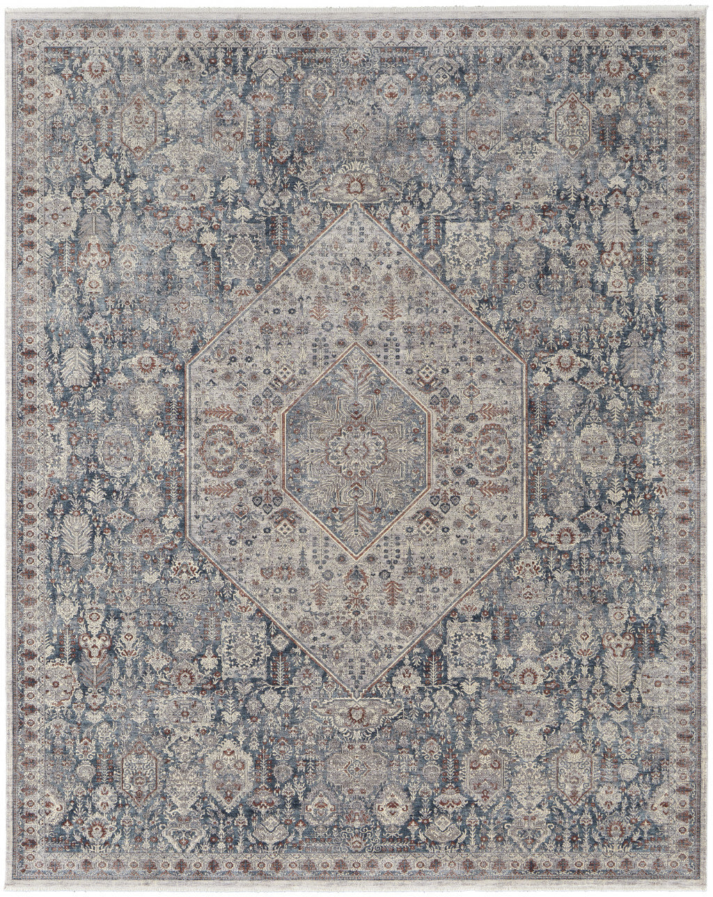 10' X 13' Blue And Ivory Floral Power Loom Stain Resistant Area Rug