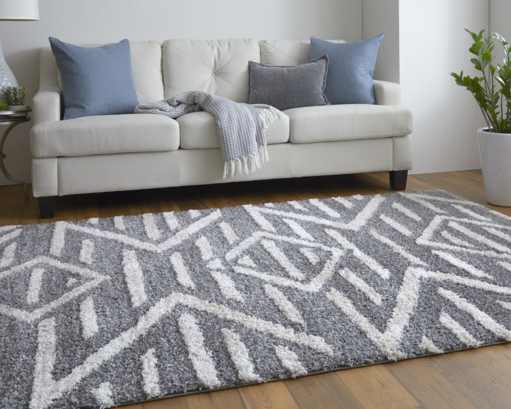 10' X 14' Gray And Ivory Geometric Power Loom Stain Resistant Area Rug