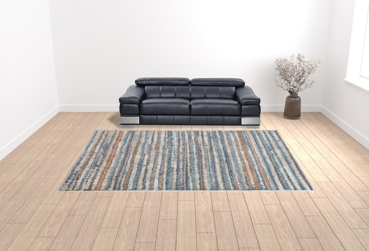 10' X 14' Ivory Blue And Orange Striped Power Loom Stain Resistant Area Rug