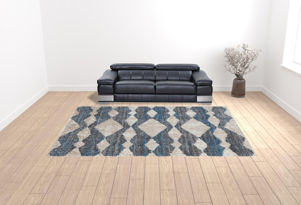 10' X 14' Ivory Gray And Blue Chevron Power Loom Stain Resistant Area Rug