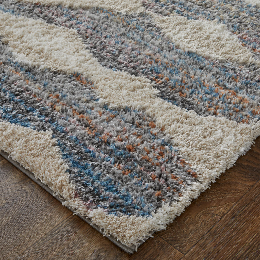 10' X 14' Tan Ivory And Blue Chevron Power Loom Stain Resistant Area Rug