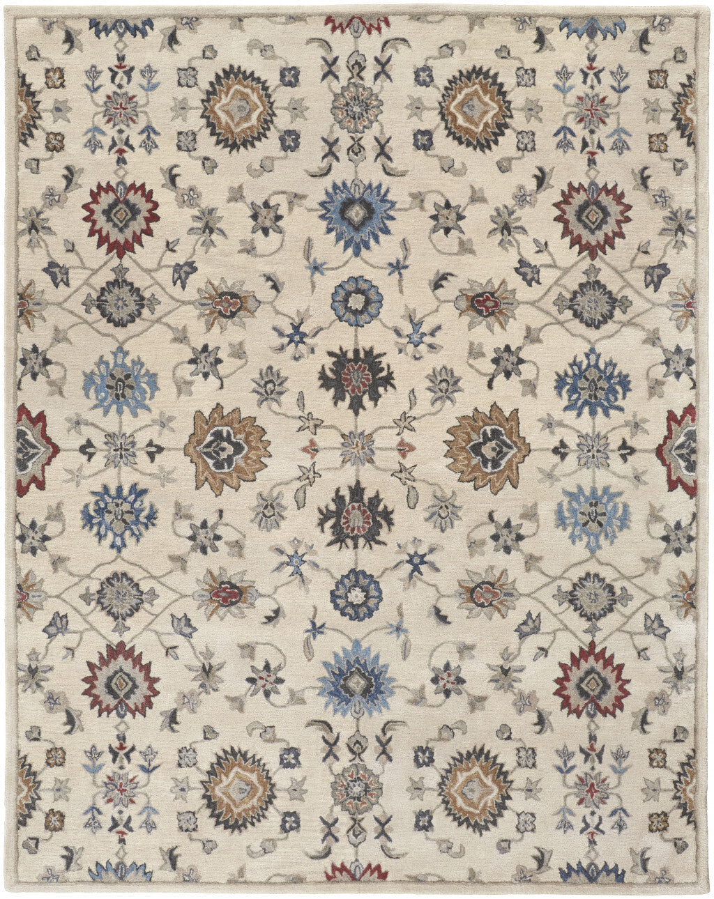 8' X 10' Ivory and Blue Wool Floral Hand Tufted Area Rug