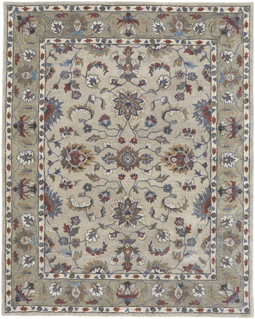 8' X 10' Ivory Taupe And Blue Wool Floral Tufted Handmade Stain Resistant Area Rug
