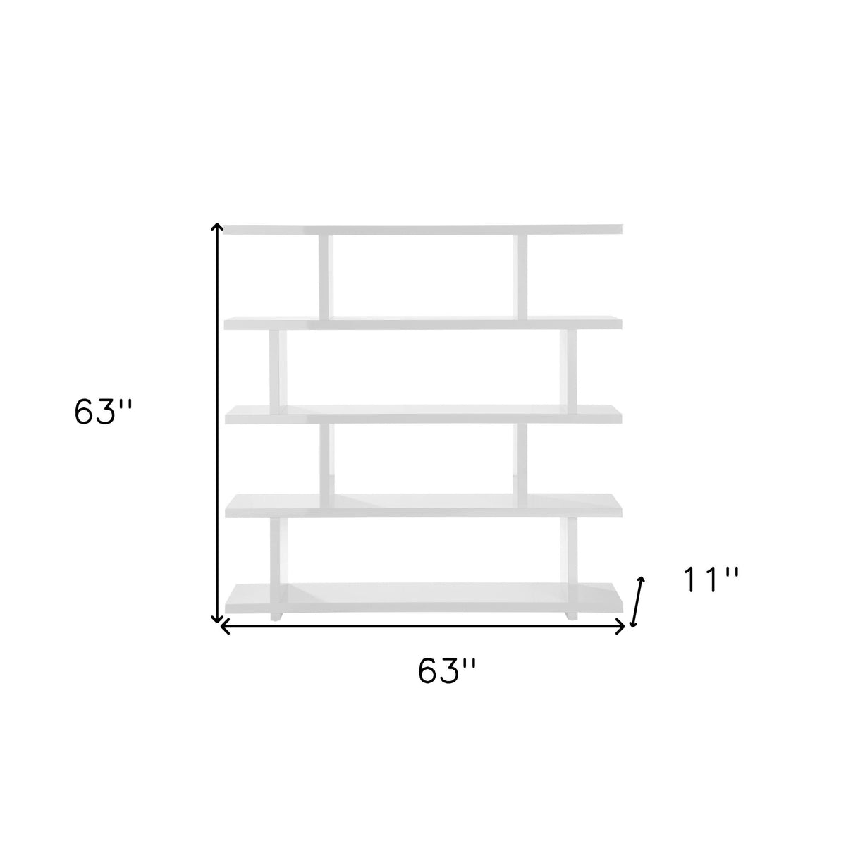 63" White Wood Five Tier Open Asymmetrical Bookcase