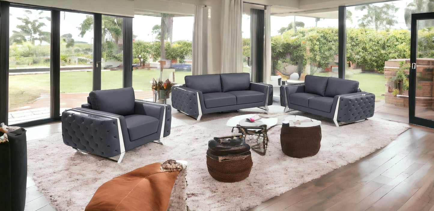 Three Piece Indoor Dark Gray Italian Leather Six Person Seating Set