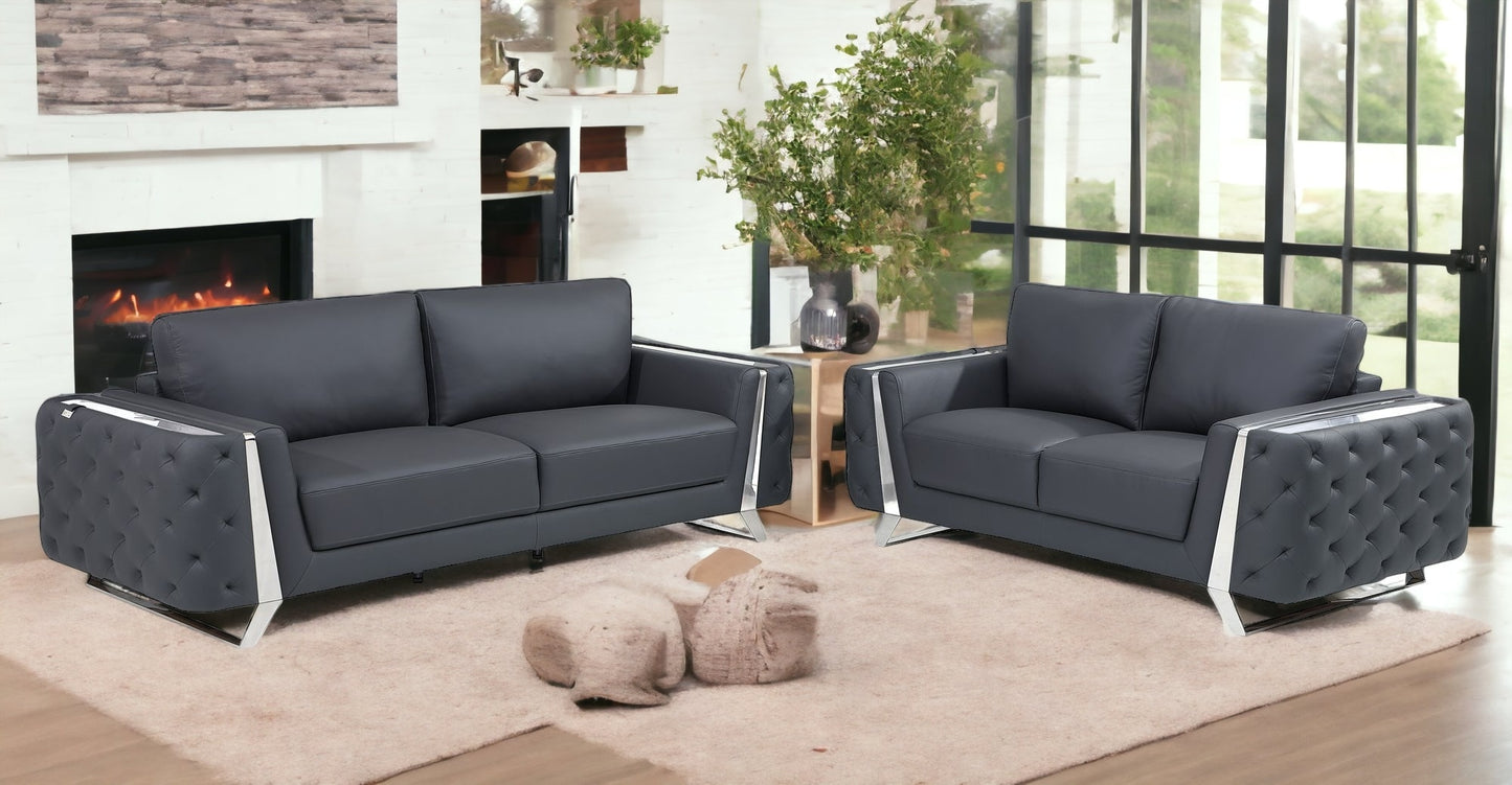 Two Piece Indoor Dark Gray Italian Leather Five Person Seating Set
