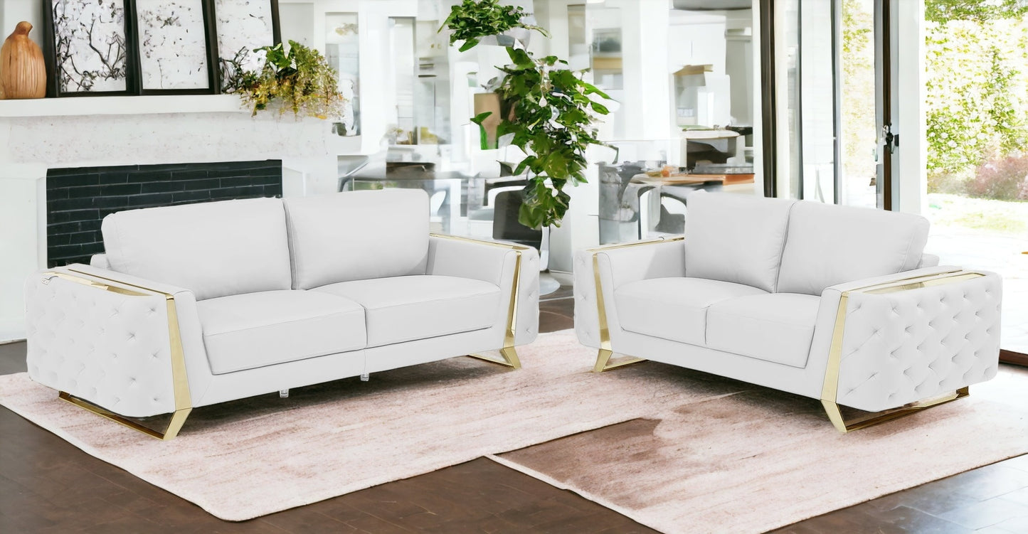 Two Piece Indoor White Italian Leather Five Person Seating Set