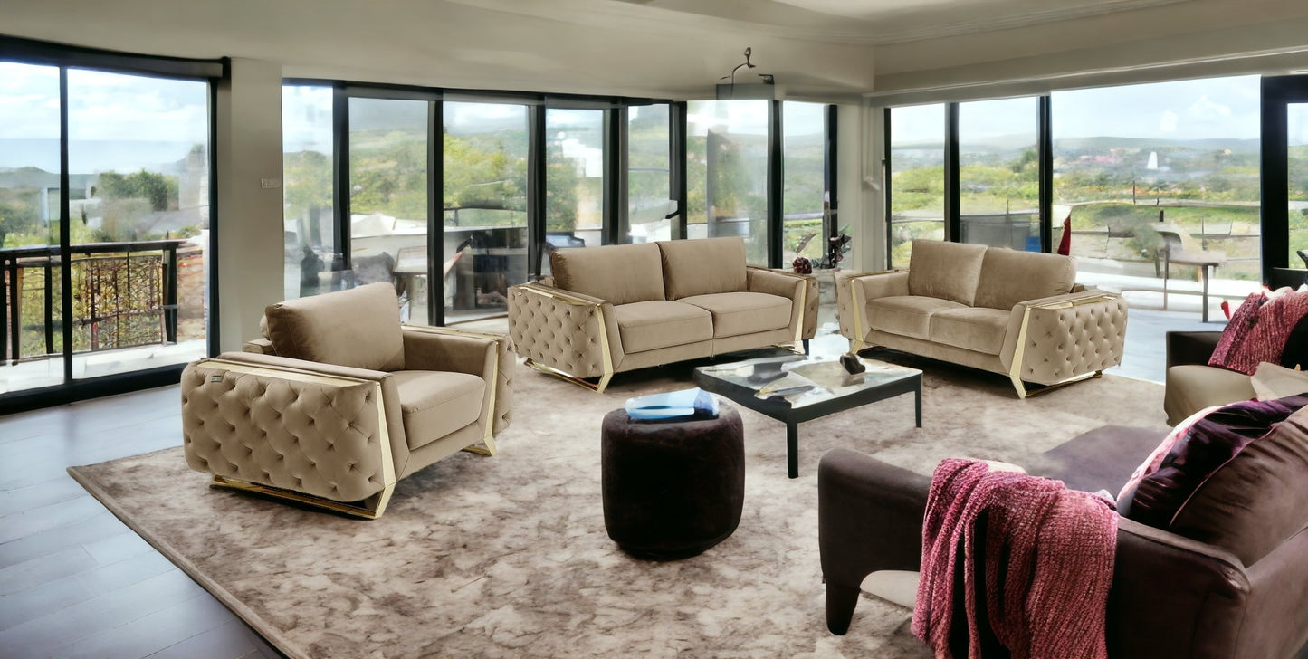 Three Piece Indoor Beige Velvet Six Person Seating Set