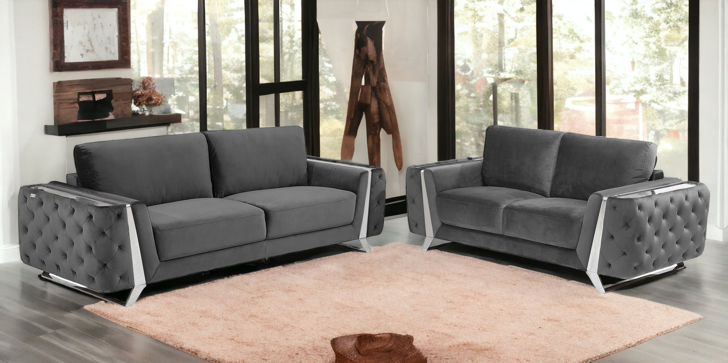 Two Piece Indoor Dark Gray Italian Leather Five Person Seating Set