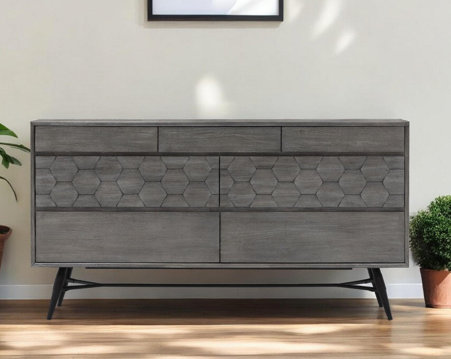 61" Gray Solid Wood Six Drawer Double Dresser