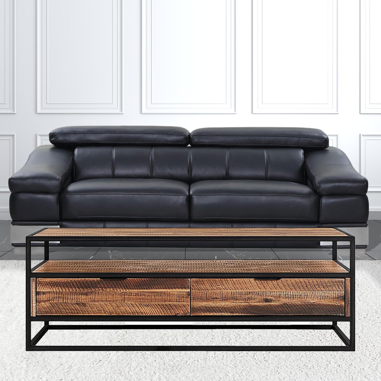 50" Brown And Black Solid Wood And Metal Coffee Table With Two Drawers And Shelf
