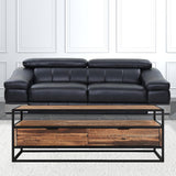 50" Brown And Black Solid Wood And Metal Coffee Table With Two Drawers And Shelf