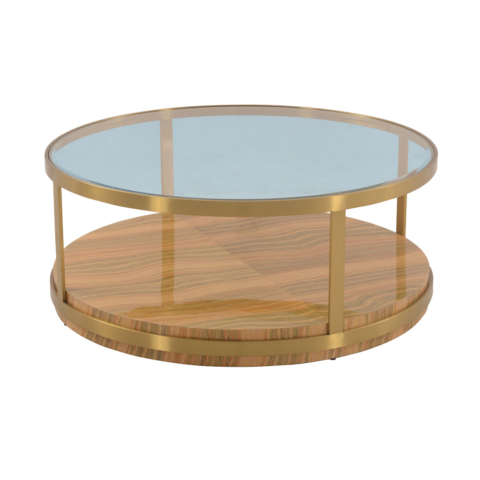 43" Clear Gold And Brown Glass Wood and Metal Round Coffee Table With Shelf