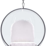 42" White and Silver Acrylic and Faux Leather Hanging Balloon Chair